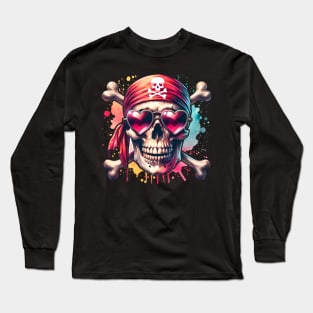 Pirate Love Funny Matching Valentine Day Couple Pirate Skull Watercolor Long Sleeve T-Shirt